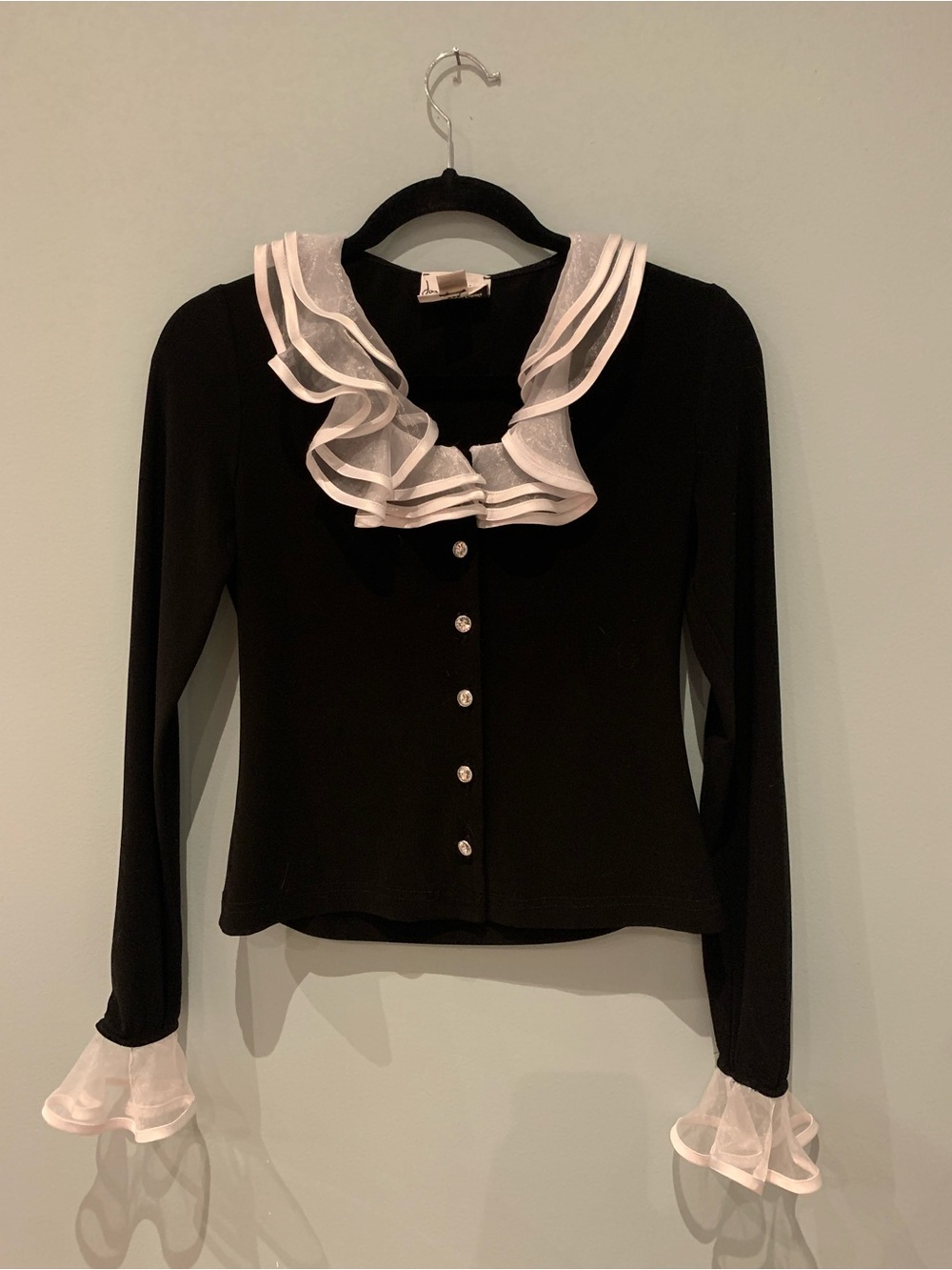 Joseph Ribkoff Black Button-Front Top with White Ruffle Trim - Picture 7 of 16